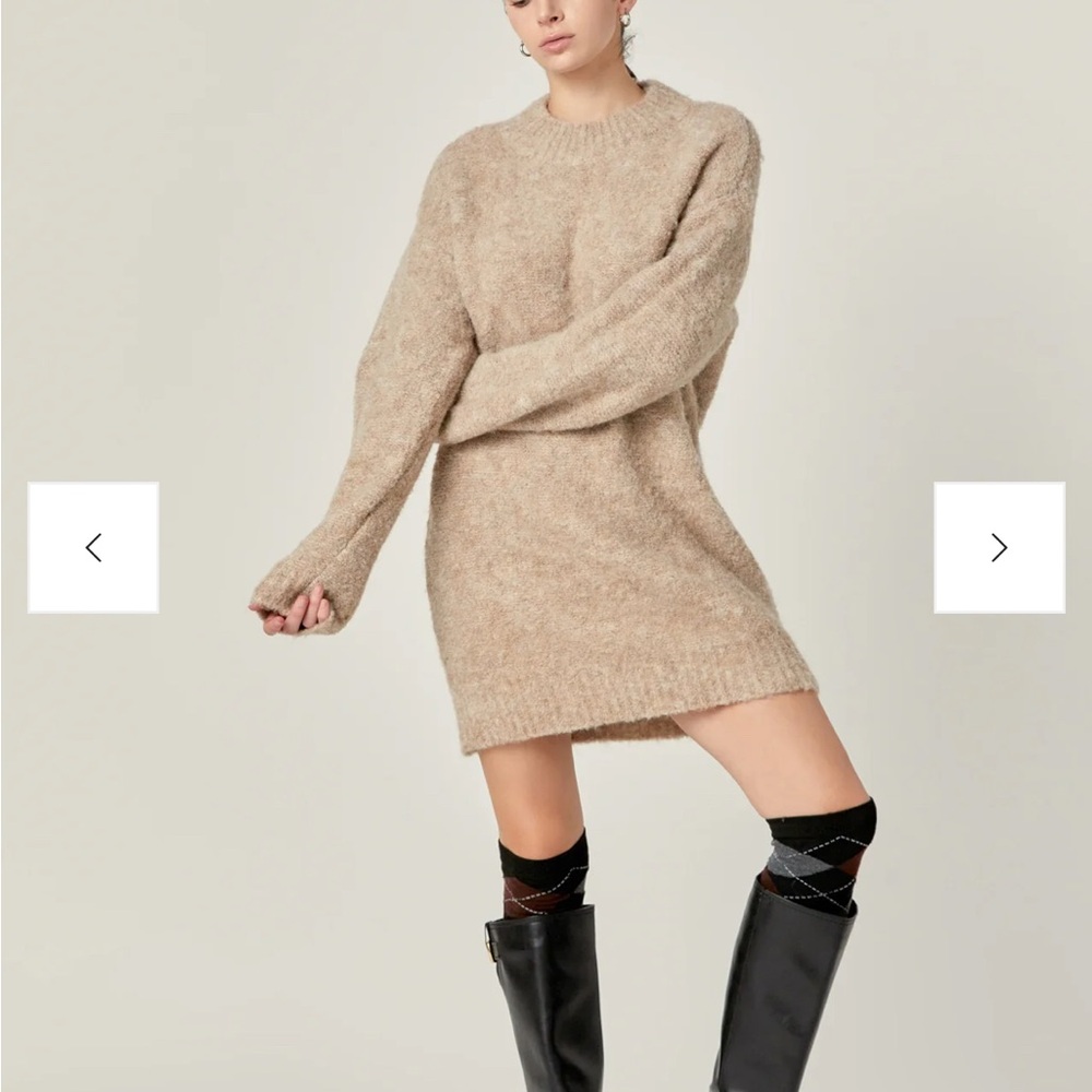 English Factory Cozy Beige Long Sleeve Knit Sweater Dress